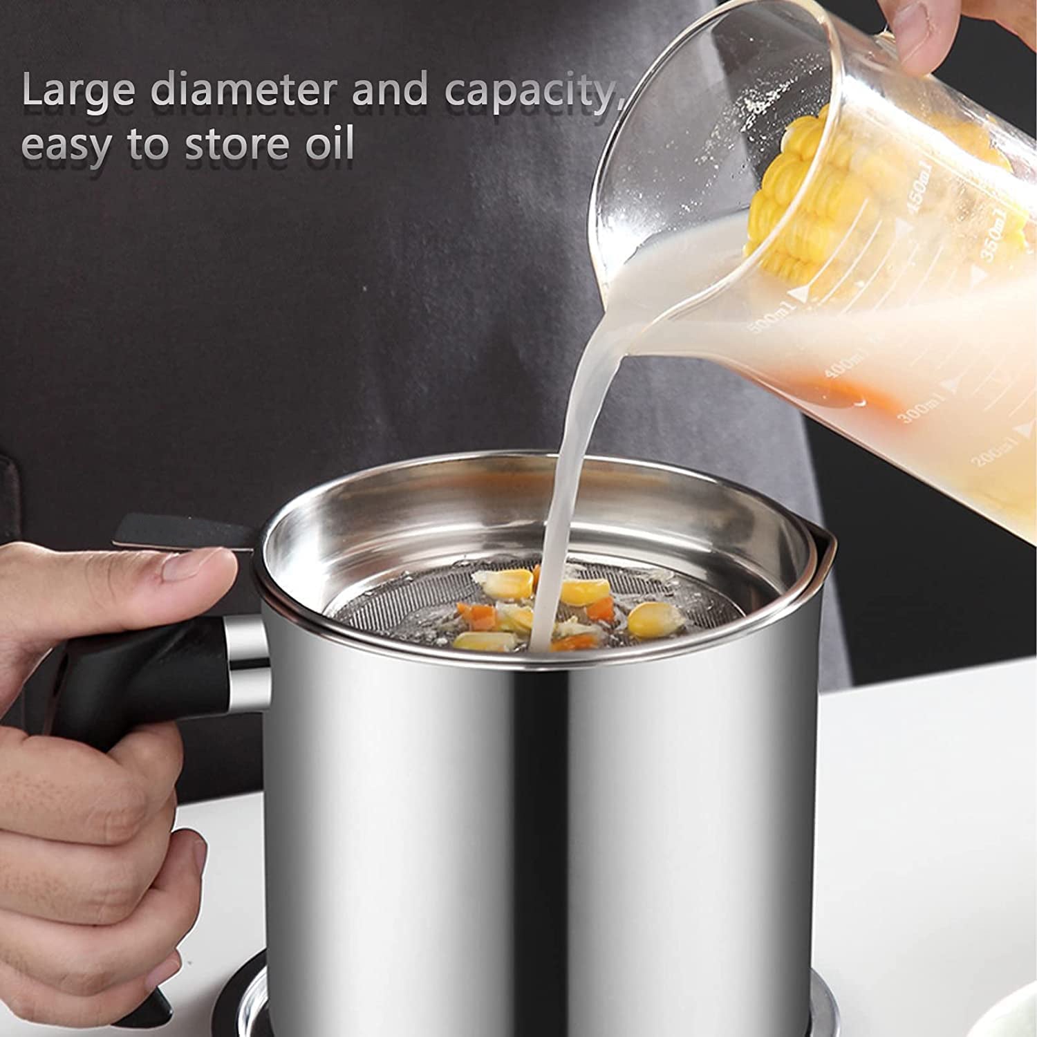 Stainless Steel Oil Strainer Pot With Lid And Filter Mesh (1 Set)