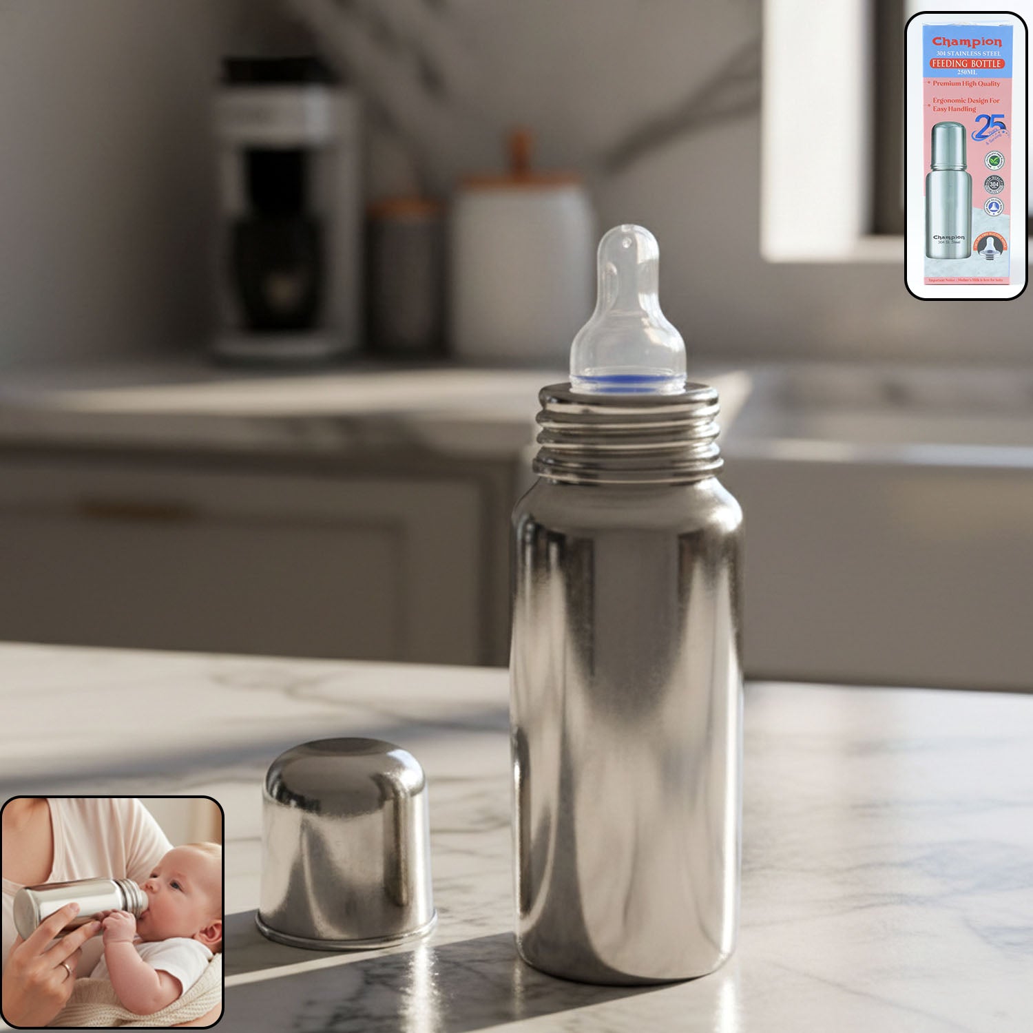 Stainless Steel Baby Feeding Bottle 250 Ml
