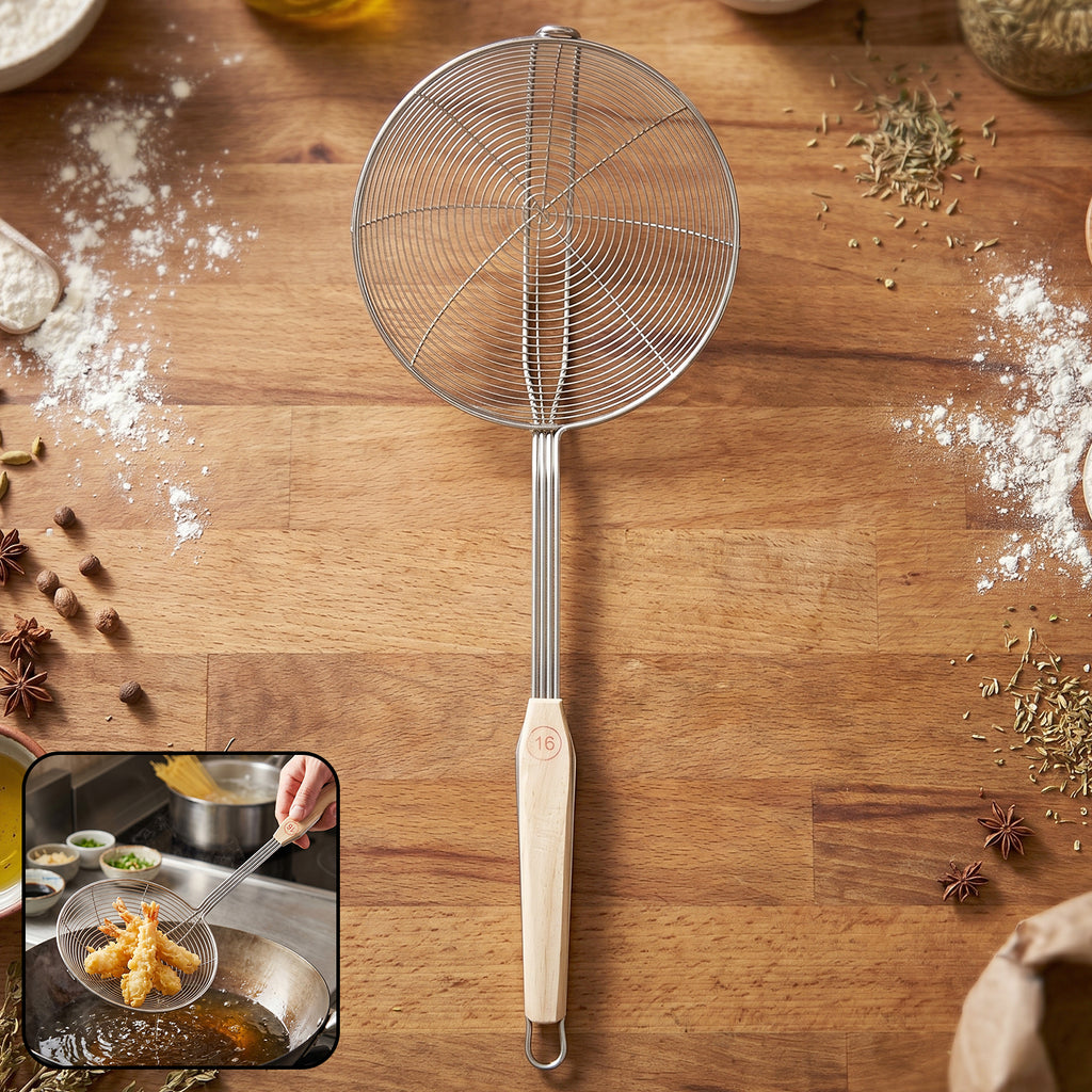 Stainless Steel Frying Skimmer Strainer With Wooden Handle (1 Pc 45 Cm)